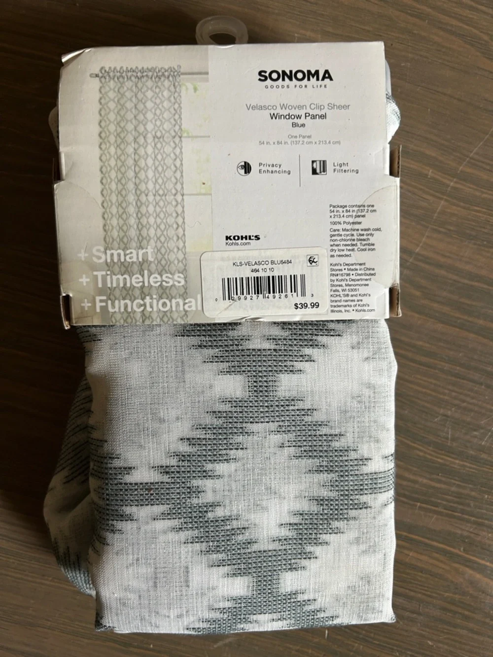 NWT SONOMA Sheer Window Panel in Blue and White Diamond Pattern